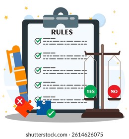Approved rules and standard document verification. Regulation policy, legal regulatory guide and advices. Policy document with pen, legal scales and puzzle. 