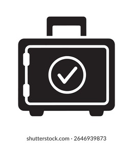 Icono de caja fuerte aprobado con una marca de verificación para seguridad verificada Un símbolo de glifo de un depósito exitoso para protección de dinero, activos financieros y almacenamiento bancario seguro