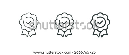 Approved seal certification badge, premium quality outline icons. Line signs badge, medallion rosette with checkmark and ribbon. Vector isolated pictograms for web on white background editable stroke.