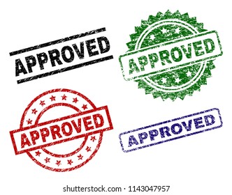 APPROVED seal prints with damaged surface. Black, green,red,blue vector rubber prints of APPROVED tag with retro surface. Rubber seals with circle, rectangle, medal shapes.