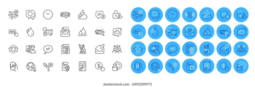 Approved, Search car and Credit card line icons pack. Team work, Time, Buy currency web icon. Hydroelectricity, Mail correspondence, Chemistry pipette pictogram. Cloud communication. Vector