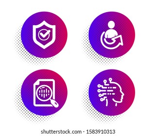 Approved shield, Analytics chart and Share icons simple set. Halftone dots button. Artificial intelligence sign. Protection, Report analysis, Referral person. Mind intellect. Education set. Vector