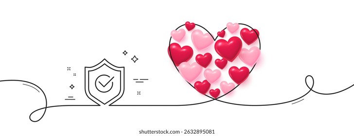 Approved shield line icon. Continuous line big heart. Accepted or confirmed sign. Protection symbol. 3d hearts in heart shaped loop. Approved shield single line ribbon. Loop curve pattern. Vector