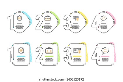Approved shield, Portfolio and Help icons simple set. Speech bubble sign. Protection, Business case, Documentation. Comic chat. Business set. Infographic timeline. Line approved shield icon. Vector