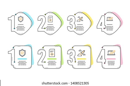 Approved shield, Startup rocket and View document icons simple set. Sales diagram sign. Protection, Business innovation, Open file. Sale growth chart. Education set. Infographic timeline. Vector