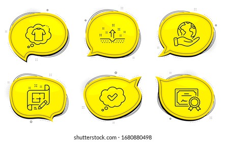 Approved sign. Diploma certificate, save planet chat bubbles. Architect plan, Clean skin and T-shirt line icons set. Engineering plan, Cosmetics, Laundry shirt. Comic message. Business set. Vector