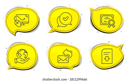 Signo aprobado. Certificado de diploma, salva las burbujas de chat del planeta. Compartir el correo, el ratón del equipo y los iconos de la línea de archivos de descarga se establecen. Nuevo correo electrónico, componente Pc, documento de carga. Mensaje de conversación. Conjunto de tecnología. Vector