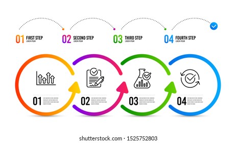 Approved sign. Infographics timeline. Upper arrows, Chemistry lab and Rfp line icons set. Growth infochart, Laboratory flask, Request for proposal. Refresh symbol. Education set. Vector