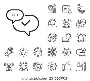 Approved sign. Place location, technology and smart speaker outline icons. Check mark line icon. Speech bubble chat symbol. Approved line sign. Influencer, brand ambassador icon. Vector