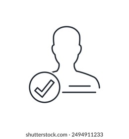 Approved skills.Skilled employee , confirm, done, tick, completed symbol.  Abilities development.Vector linear icon isolated on white background.