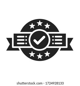Approved stamp black glyph icon. Successful check concept. Certified, validation element. Sign for web page, mobile app. Vector isolated object.