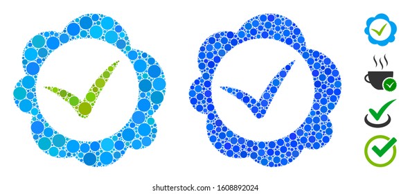 Approved stamp composition of spheric dots in various sizes and color tinges, based on approved stamp icon. Vector small circles are grouped into blue composition.