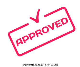 Approved stamp in flat minimalistic style on white background. Confirm dialog bubble icon with mark V. Vector