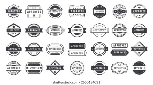Approved stamp. Grunge textured badges collection for verification acceptance recent vector templates