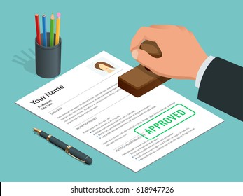 Approved Stamp In Hand Businessman And Approved Document With Stamp, Pen. Isometric Flat Vector Illustration