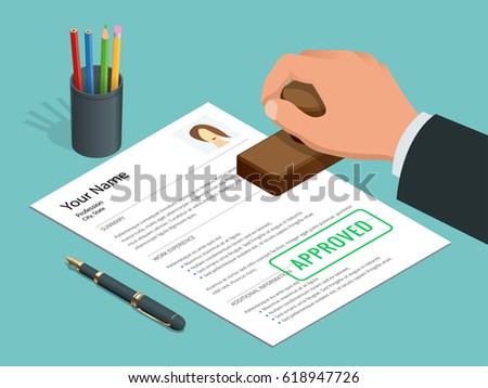 Approved stamp in hand businessman and Approved document with stamp, pen. Isometric flat Vector illustration