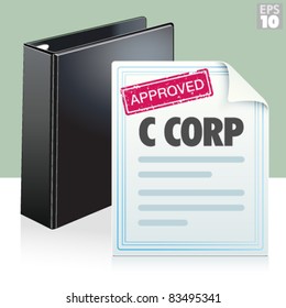 Approved stamp on a C corporation legal document with black three ring binder