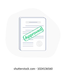 Approved stamp on the stack of paper sheets. Authorization Approval Document, Confirmed Doc, License icon, Approved application. Flat outline modern icon concept design. 