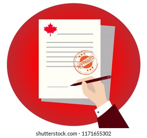 Approved stamp round grunge on document or agreement, approving sign mark success in business deal. Deal with business in Canada. White document approved stamp. Stock vector illustration.