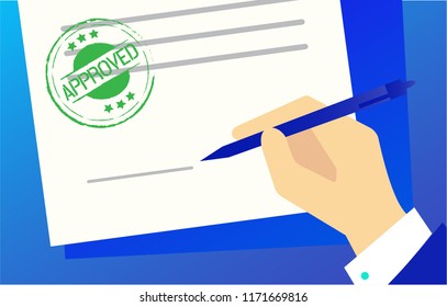Approved stamp round grunge on document or agreement, approving sign mark success in business deal. Zoomed businessman put fake signature on document with blue ink pen or pencil visa application