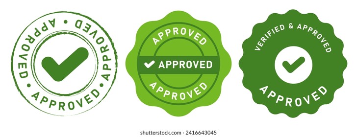 Approved stamp seal emblem logo badge graphic circle set approval check mark green color