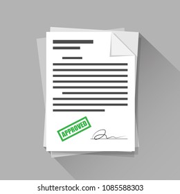 Approved stamp sign with signature on document paper, flat icon design, vector illustration