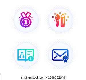 Approved, Technical algorithm and Creativity icons simple set. Button with halftone dots. Verified mail sign. Winner badge, Project doc, Graphic art. Confirmed e-mail. Education set. Vector