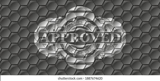 Approved text inside grey color shiny pattern realistic emblem. Trendy handsome background. Illustration. 