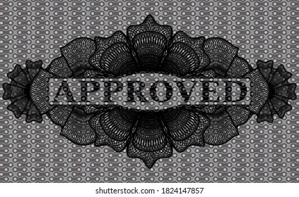 Approved text inside Linear dark abstract realistic badge. Pattern delicate background. Vector illustration. 