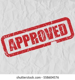 Approved text rubber seal stamp watermark. Caption inside rounded rectangular banner with grunge design and dirty texture. Slanted vector ink sticker on paper background
