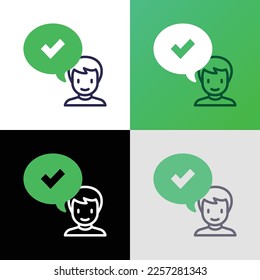 Approved thin line icon. Man and speech bubble with check mark. Accepted, confirmed. Modern vector illustration.