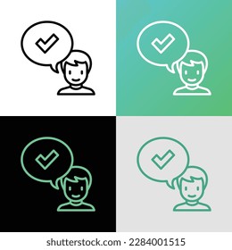 Approved thin line icon. Man and speech bubble with check mark. Accepted, confirmed. Modern vector illustration.