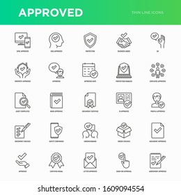 Approved thin line icons set: sync, idea, agreement, calendar date, employee, audit completed, document certified, profile, checklist, understanding. Modern vector illustration.