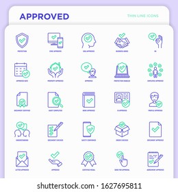 Approved thin line icons set: sync, idea, agreement, calendar date, employee, audit completed, document certified, profile, checklist, understanding. Modern vector illustration.