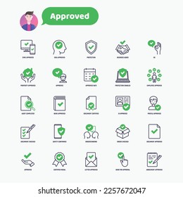 Approved thin line icons set: sync, idea, agreement, calendar date, employee, audit completed, document certified, profile, checklist, understanding. Modern vector illustration.