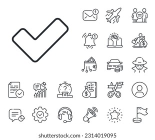 Approved Tick sign. Salaryman, gender equality and alert bell outline icons. Check line icon. Confirm, Done or Accept symbol. Tick line sign. Spy or profile placeholder icon. Vector