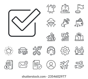 Approved Tick sign. Salaryman, gender equality and alert bell outline icons. Check line icon. Confirm, Done or Accept symbol. Checkbox line sign. Spy or profile placeholder icon. Vector