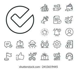 Approved Tick sign. Salaryman, gender equality and alert bell outline icons. Check line icon. Confirm, Done or Accept symbol. Verify line sign. Spy or profile placeholder icon. Vector