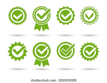 Approved tick stamps. Approvals green seals, endorse stamp ticks, license quality approbation guarantee okay icons, verified certified endorsed checkmarks vector collection