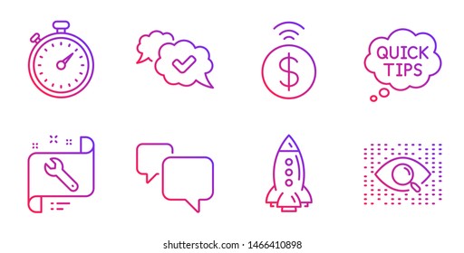 Approved, Timer and Rocket line icons set. Contactless payment, Speech bubble and Spanner signs. Quick tips, Artificial intelligence symbols. Comic message, Stopwatch gadget. Technology set. Vector