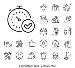 Approved timer sign. Salaryman, gender equality and alert bell outline icons. Fast verification line icon. Confirmed time symbol. Fast verification line sign. Spy or profile placeholder icon. Vector