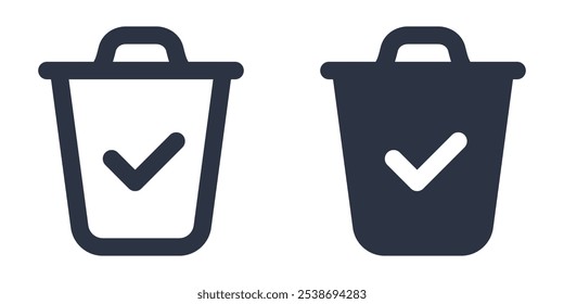 Approved Trash Bin or Trash Bin with Check Mark simple icons set designed in filled, outline, line and stroke style