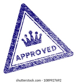 Approved triangle stamp seal. Vector element with grainy design and scratched texture in blue color. Designed for overlay watermarks and grunge textured rubber seal imitations.