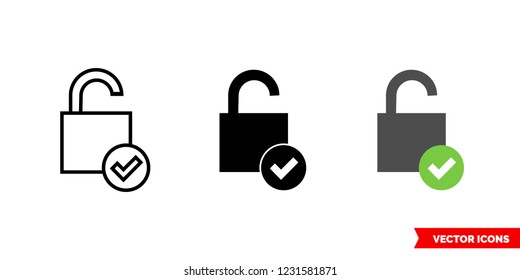 Approved unlock icon of 3 types: color, black and white, outline. Isolated vector sign symbol.