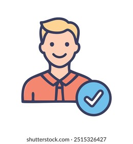 Approved user icon. Smiling man icon with blue checkmark, indicating approval, confirmation, or verification.