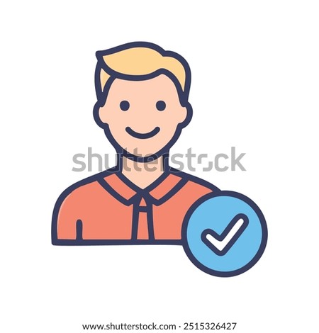 Approved user icon. Smiling man icon with blue checkmark, indicating approval, confirmation, or verification.