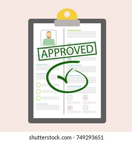 Approved vacancy. The concept of approval of a resume with a stamp. Vector illustration. 