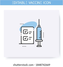 Approved vaccine line icon. Successfully trialed vaccine. Cure search, vaccine development. Stop coronavirus pandemic. Fight against Covid19 disease. Isolated vector illustration. Editable stroke 