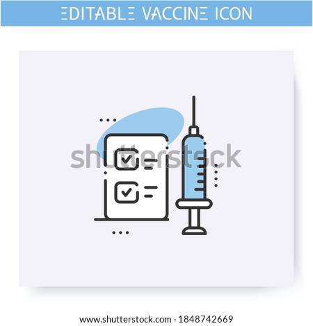 Approved vaccine line icon. Successfully trialed vaccine. Cure search, vaccine development. Stop coronavirus pandemic. Fight against Covid19 disease. Isolated vector illustration. Editable stroke 