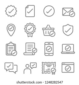 Approved Vector Line Icon Set. Contains such Icons as Certificate, Check mark, Approval, Verified and more. Expanded Stroke